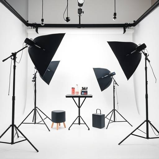흰색 배경에서 제품 촬영을 위한 조명 장비가 설치된 제품 촬영 스튜디오
